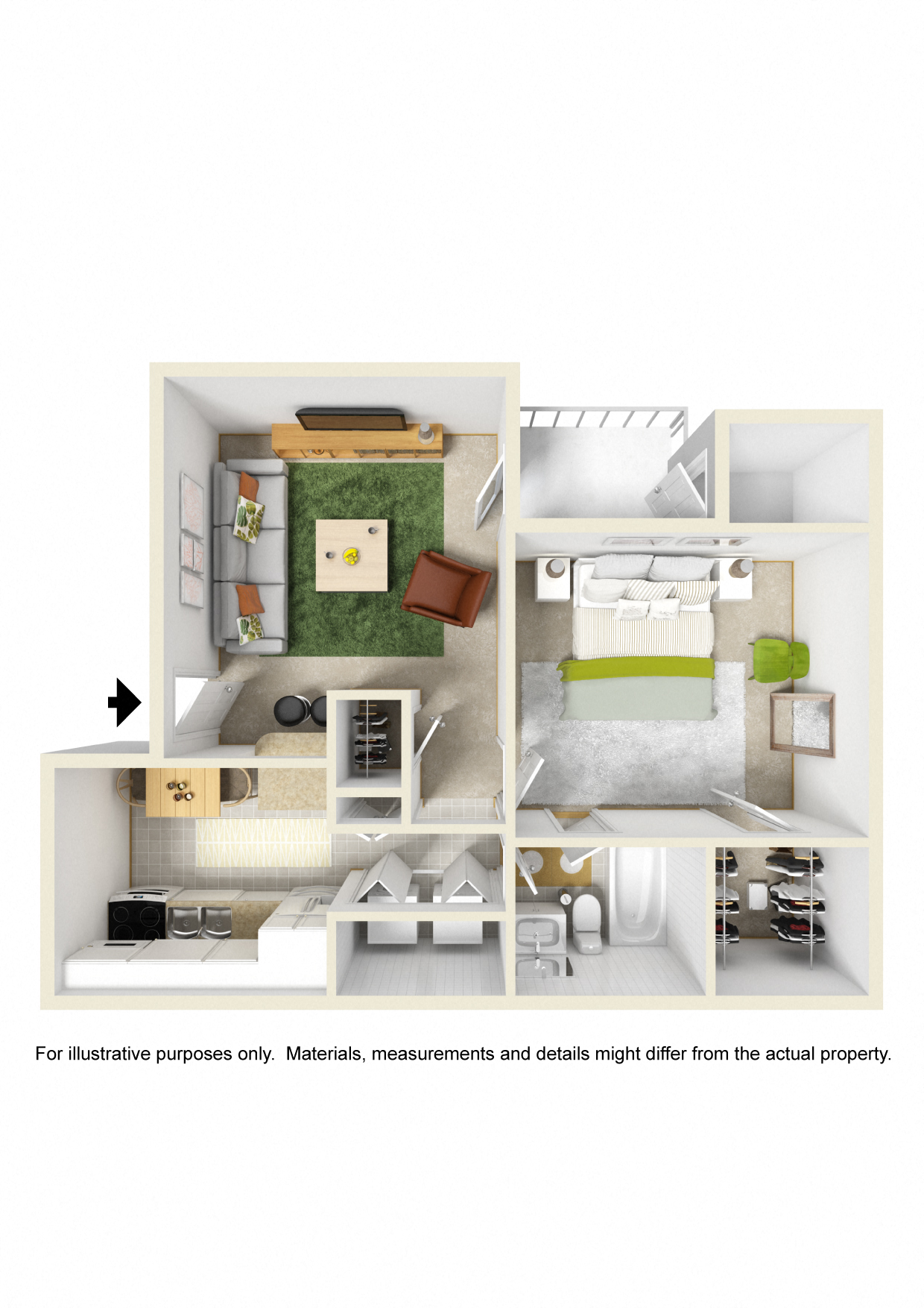 Floor plan for 1 bed, 1 bath, 630 sqft